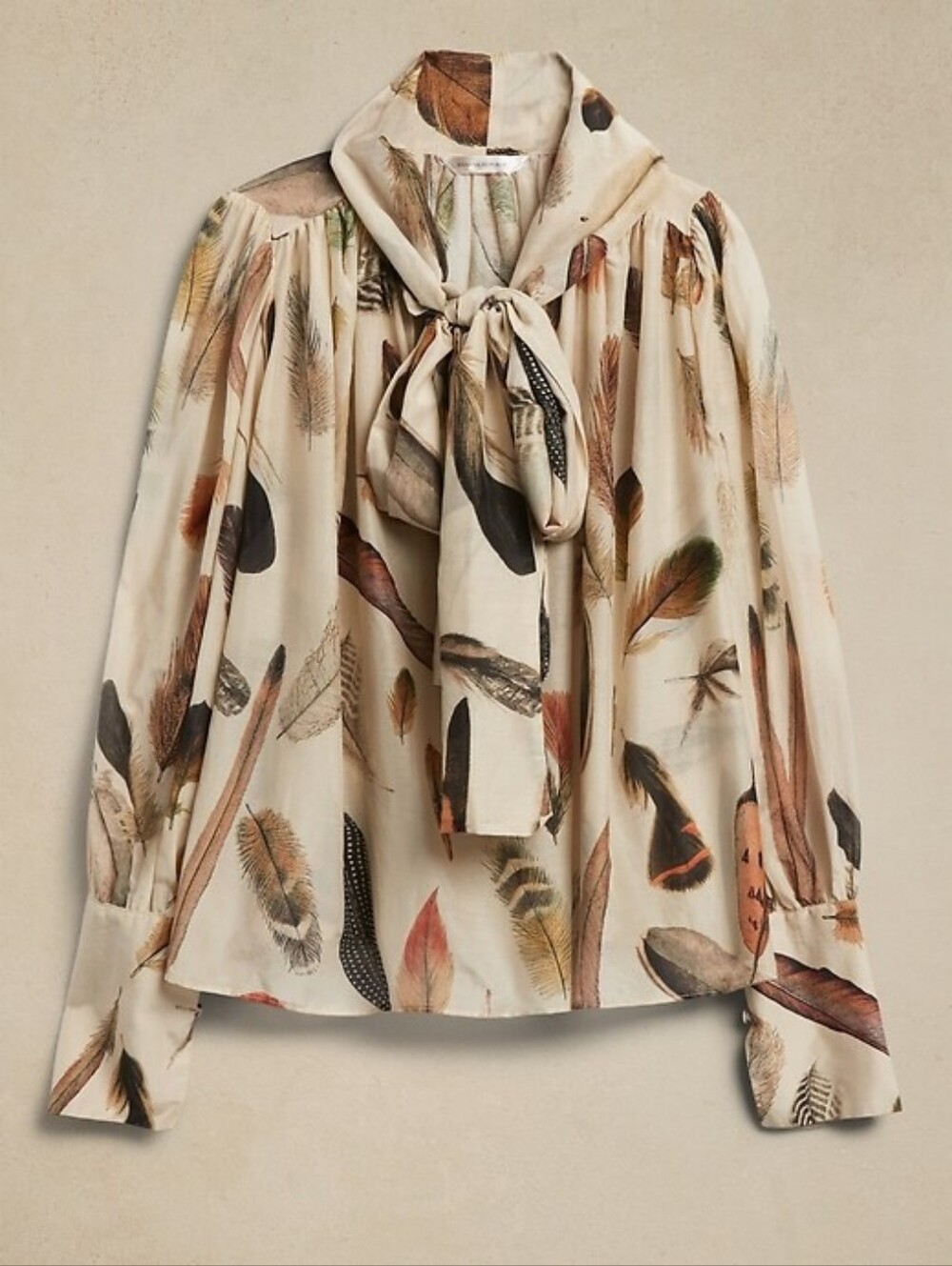 Banana Republic Harper Cotton-Silk Blouse, Size Small, Neutral, Feather Print - Picture 3 of 13